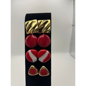Clip On Earrings Set Gold Tone Red White Geometric‎ Shapes Statement